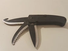 Black 3 Blade Lockback Folding Knife Saw Serrated Plain Edge Gut Hook Hunting