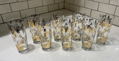 Vtg MCM William A Meier Gold Birds & Leaves Ice Tea Highball Glasses SET of 8