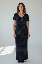 Talbots 12 Navy Blue Polka Dot Maxi Dress Shift V-neck Short Sleeve Nautical