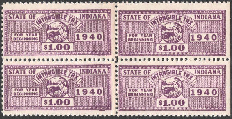 SRS IN D62 $1.00 Indiana Intangible Tax Revenue Block of Four (1940) MNH