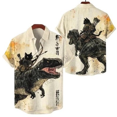 Mens Samurai Cat Dinosaur Hawaiian Shirt Japanese Art Vintage Short Sleeve