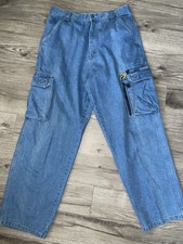 Vintage Men  s Y2K MACHINE Brand Baggy Denim Cargo Pants Size 34 X 30