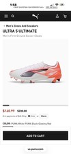 PUMA Ultra 5 Ultimate Firm Ground Soccer Cleats White Black Glowing Red Men's