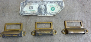 3 File Drawer Handles ID Frame Cabinet Label Card Catalog Tag Holder Brass Plate