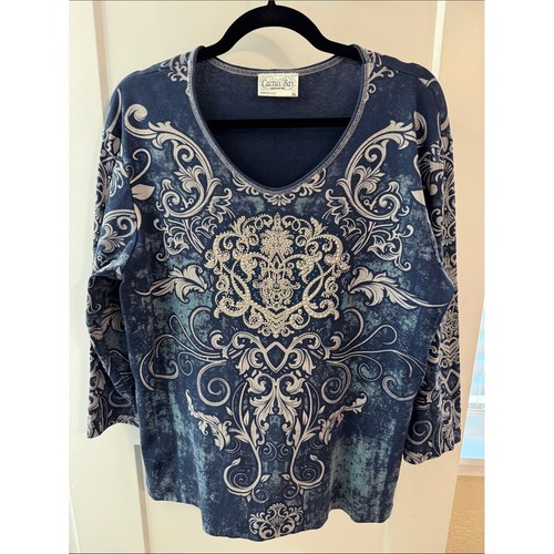 Cactus Bay XL Blue Scroll Rhinestone Top Made in USA