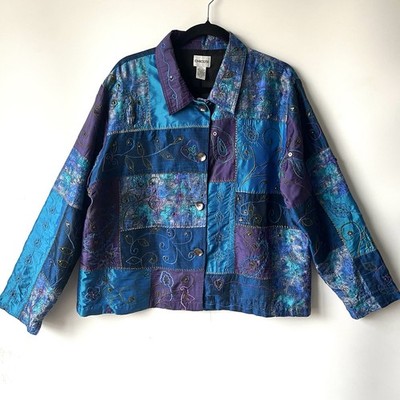 Chico s Sz 3 Wearable Art Silk Jacket Blue Abstract Patchwork Embroidered Sequin