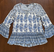 American Eagle Boho Tunic Floral Long Bell Sleeve S Blue White Ruffle Blouse
