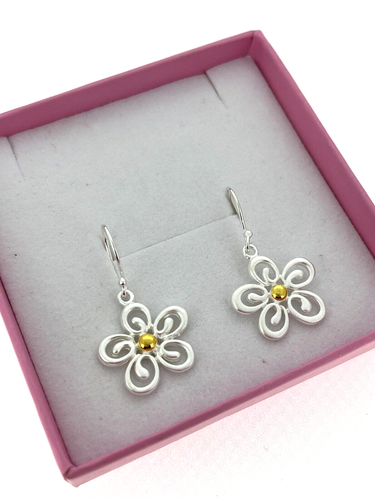 925 Silver & Gold Daisy Hook Drop Dangly Earrings RRP£28 (D1030) Boxed - Picture 3 of 5