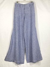 Anthropologie Elevenses Blue Pinstripe Pants Wide Leg Linen Sz 2 Side Slits