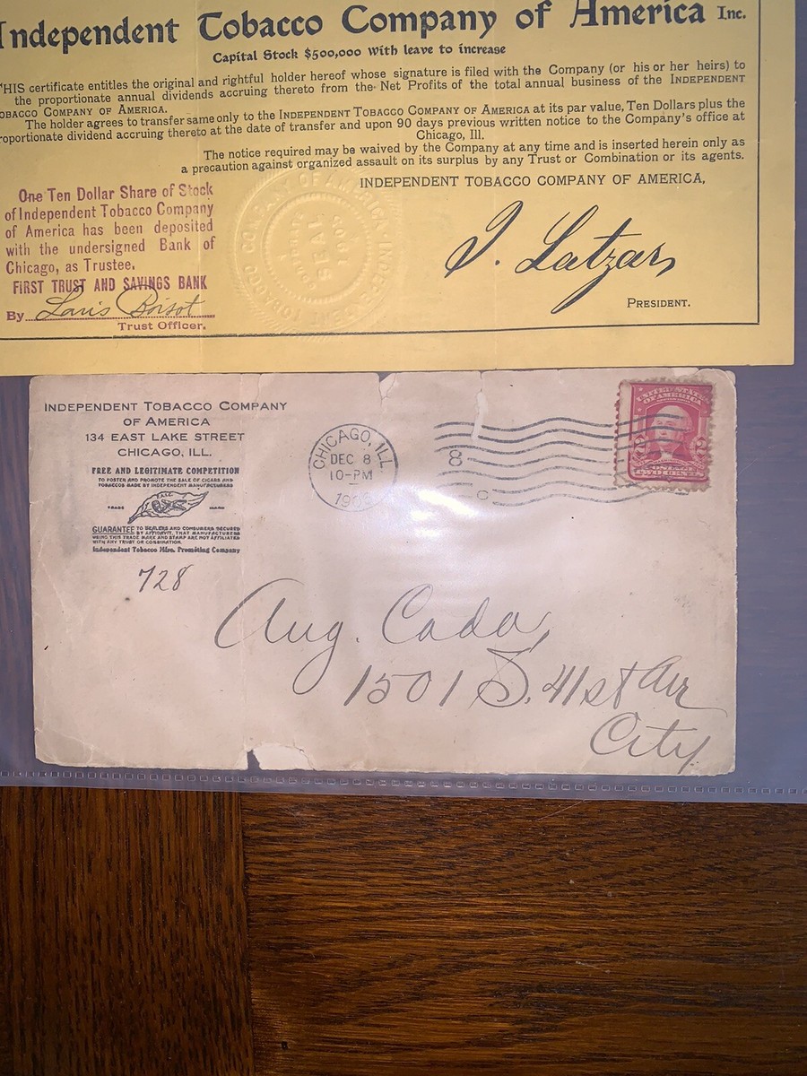 independent tobacco Independent Tobacco Stock w/ GEORGE WASHINGTON RED 1906 Stamp, Chicago  Postmark