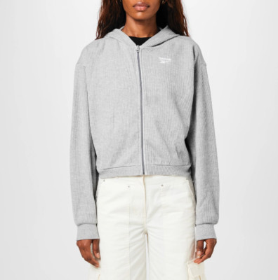 Reebok Damen Hoodie Grau Large Full Zip Rie Waffle Knit