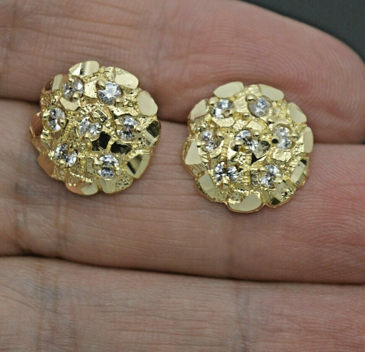 Real 10K Yellow Gold C Z Round Nugget Stud Diamond Cut  display picture 1