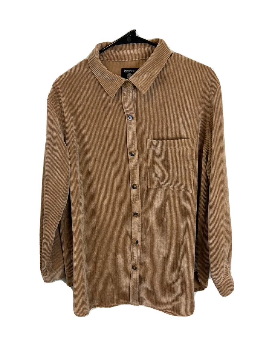 Boohoo Blue Womens Brown Tan Corduroy Jacket Coat Size 8 Lightweight Soft Button