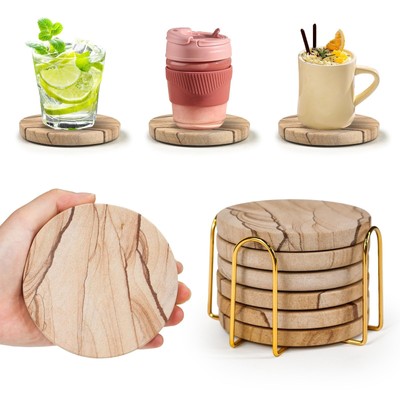 Natural Sandstone Coasters Set of 6 with Holder, 4 in Dia Drink Coasters for ...