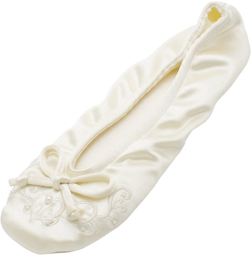 isotoner Women's Ballerina Slippers, White Soft Tie Bow, 8-9