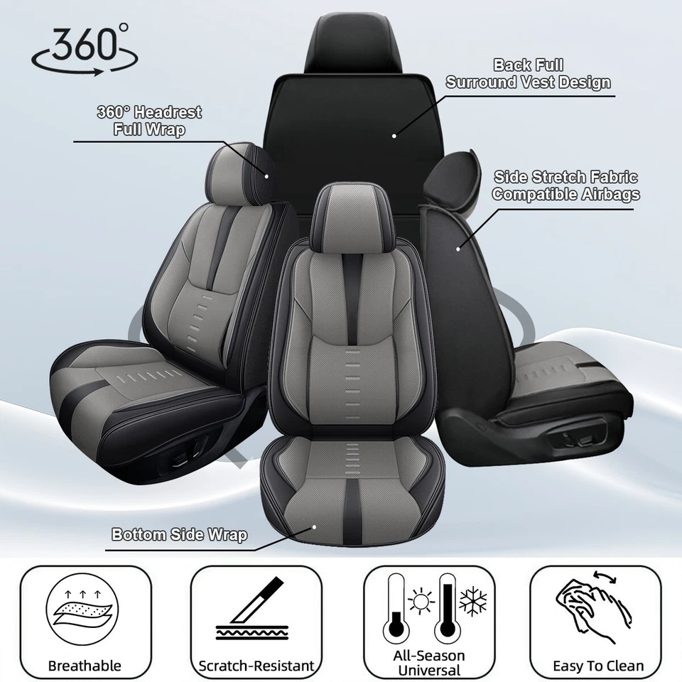 For Jaguar XF 2009-2024 Car 5 Seat Covers Cushion Pad Fuax Leather Black+Gray - Image 4 of 4