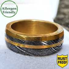 Customized Brass Inlay n Sleeve Damascus Steel Ring Men Engagement Wedding Band