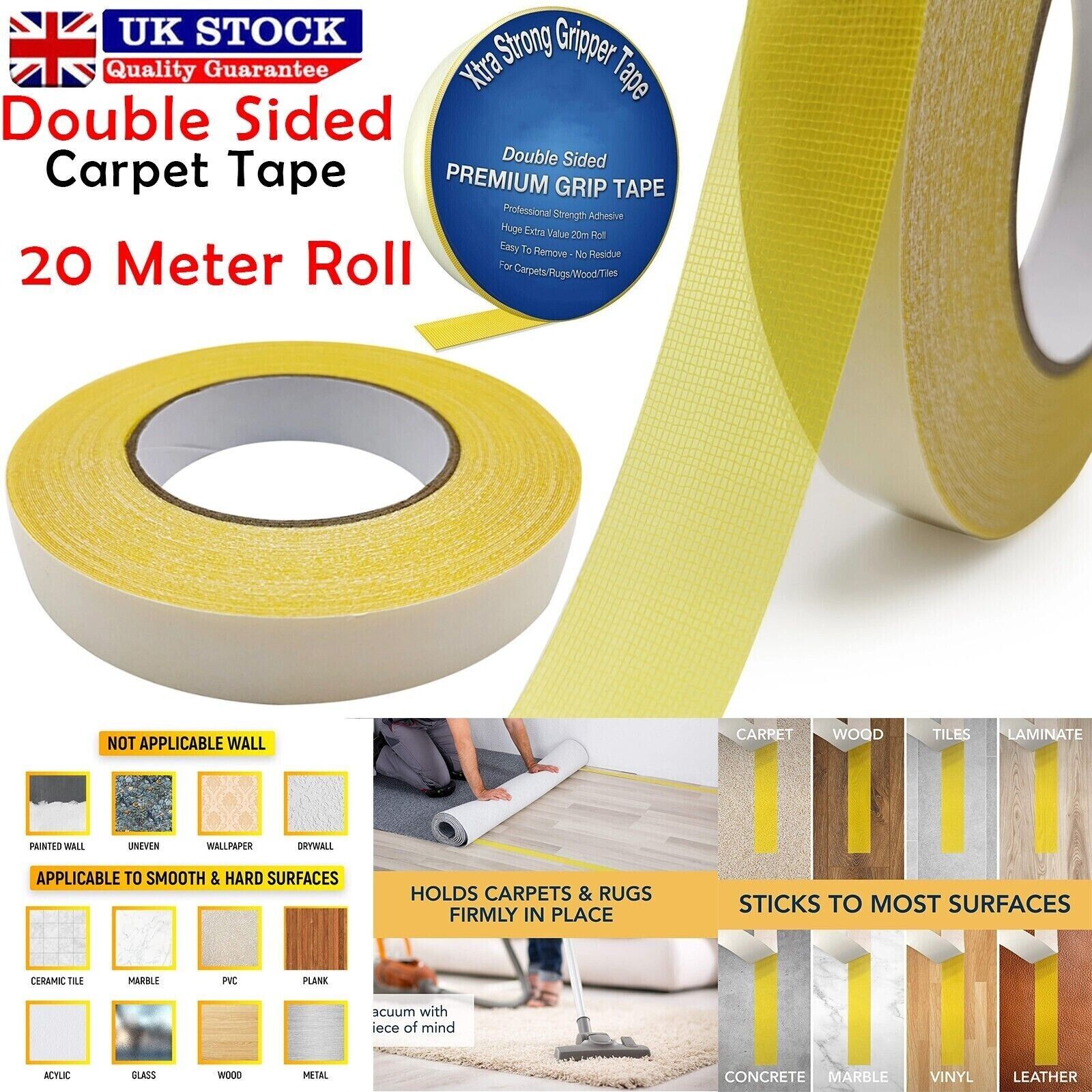 Extra Strong Double Sided Carpet Tape Multi-Purpose Adhesive Heavy Duty 20m  Roll