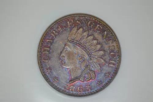 1863 Civil War Token- CHARLES GENTSCH CAFE-  F-630AC-1A- NGC MS-65 BN