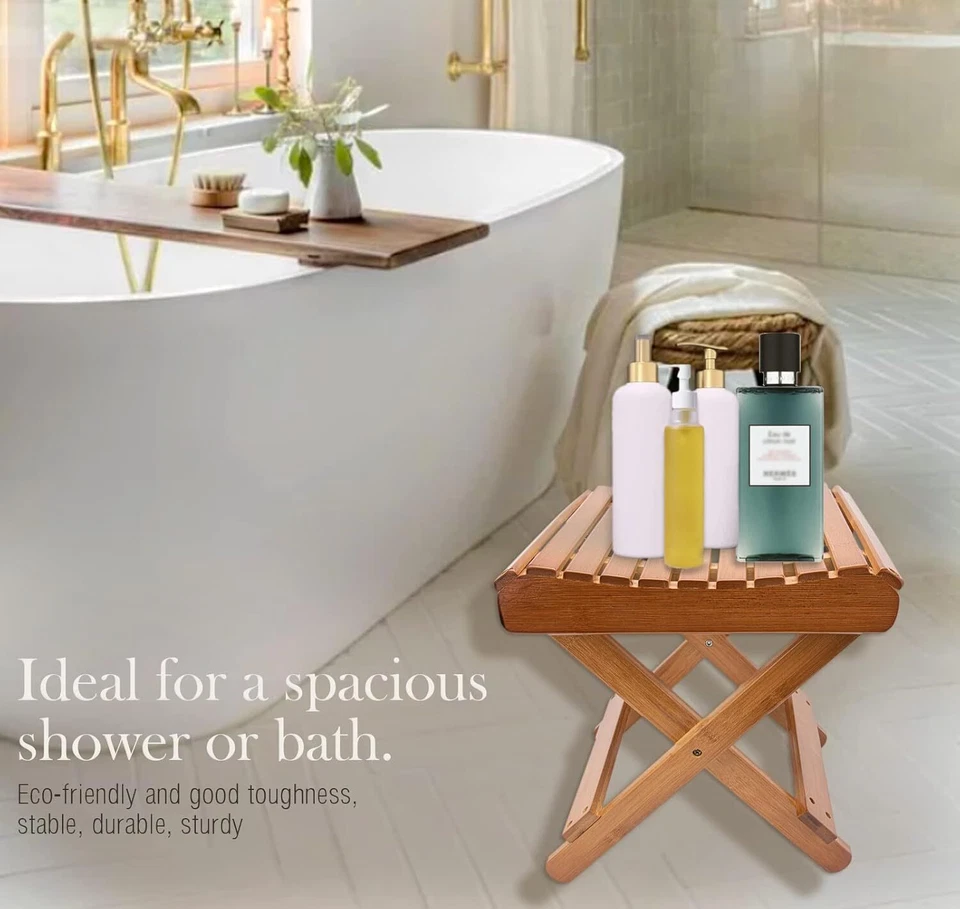 Taburete plegable de bambú - Diseño de listones - Ahorra espacio y portátil Foto 3 de 4