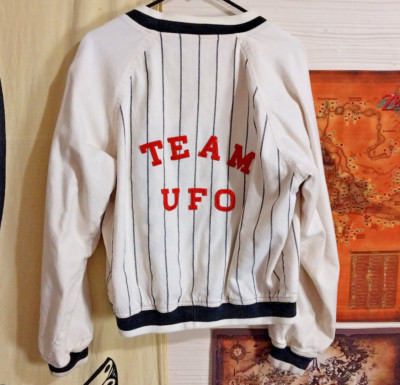 Authentic Vintage 1990s White Cotton Baseball Style Jacket TEAM UFO 1992 NYC