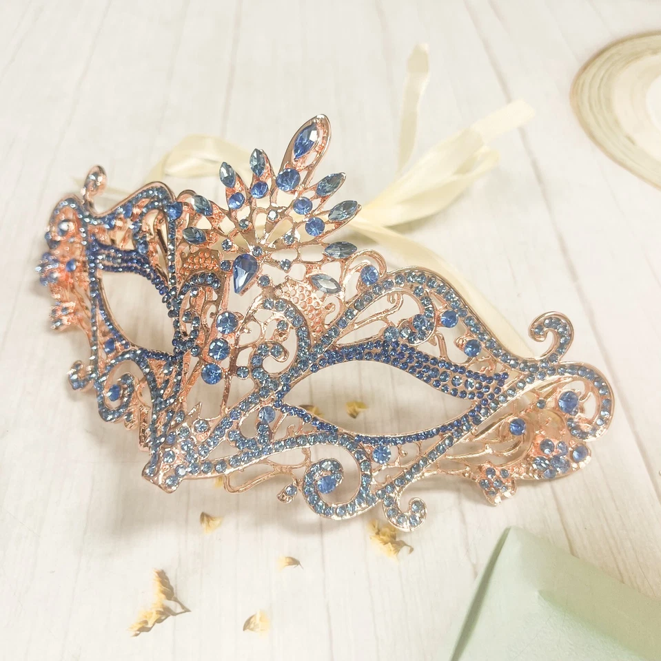 Masquerade Ball Party Gold Mask, Venetian Blue Eye Masks, Mardi Gras Parade Mask - Image 3 of 4