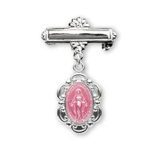 925 Sterling Silver Pink Enamel Fancy Edge Miraculous Medal Bar Pin, 1 In