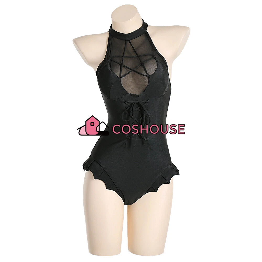 Women Gothic Bat One-piece Swimsuit Halter Cutout Bathing Suit Lace-up  Swimwear