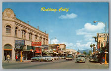 Redding California Street View Postcard Rexall Drugs 47 Oldsmobile 56 Oldsmobile