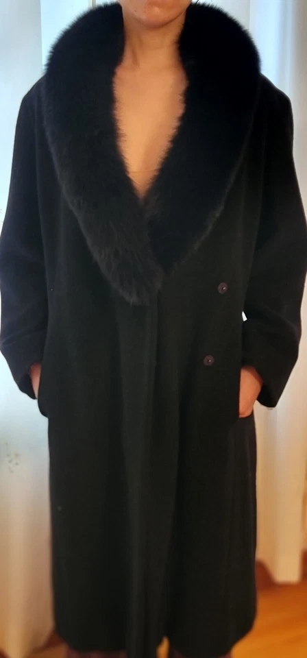 Abrigo Calvin Klein Maxi Negro Cinturón Mezcla Lana Cuello Piel Sintética Talla 12