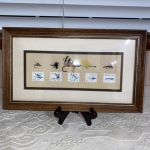 Vintage Mounted Fly Fishing Flies & Transkei stamps framed Fishing Hooks 20x35cm