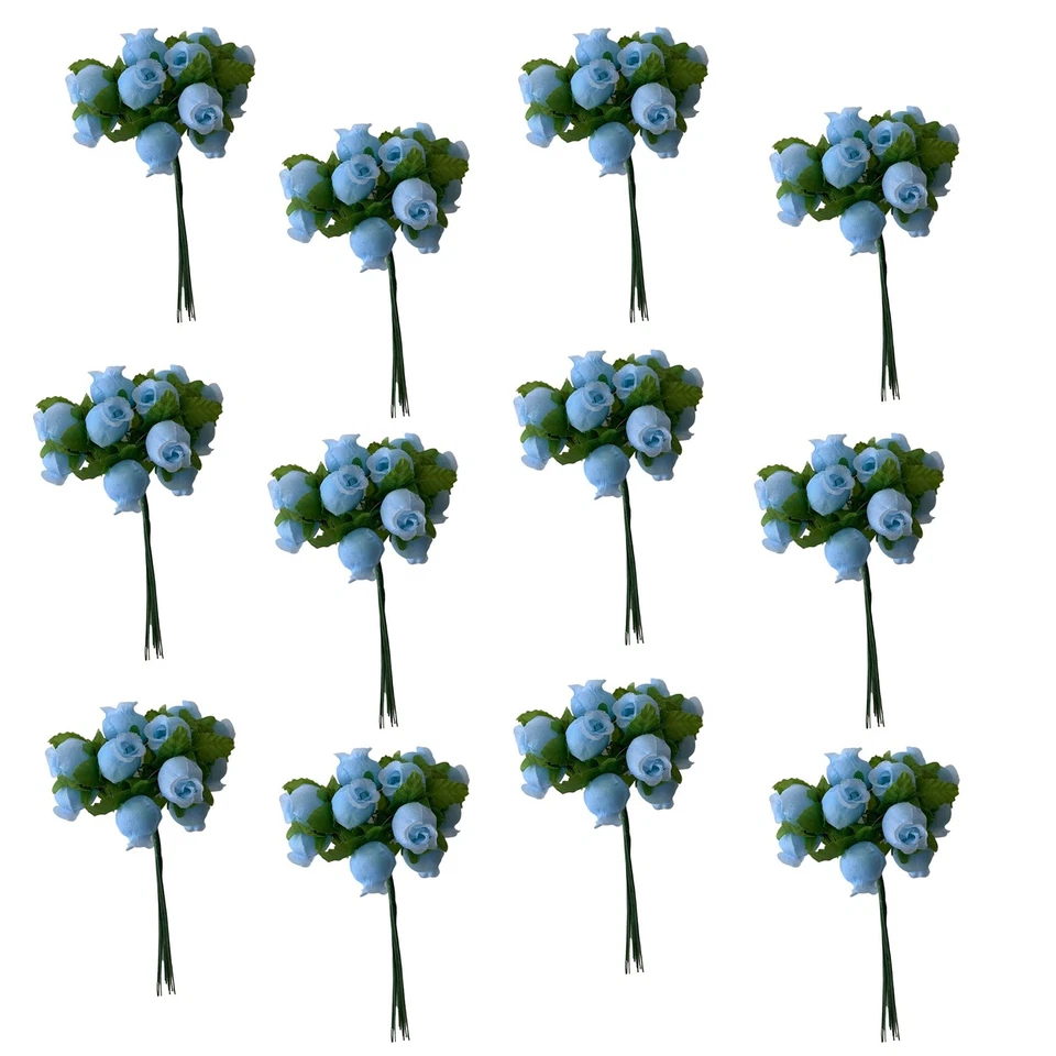 Rosas de flores de seda artificial azul claro - 12 mini ramos de 12 brotes de rosas, 14... Foto 3 de 4