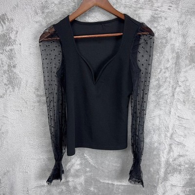 Womens Sweetheart Neck Romantic Goth Top XS Mesh Polka Dot Sleeve Parisian