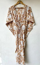 Indian Beige Floral Handmade Cotton Kaftan Maxi Dress Women's Clothing Gown US