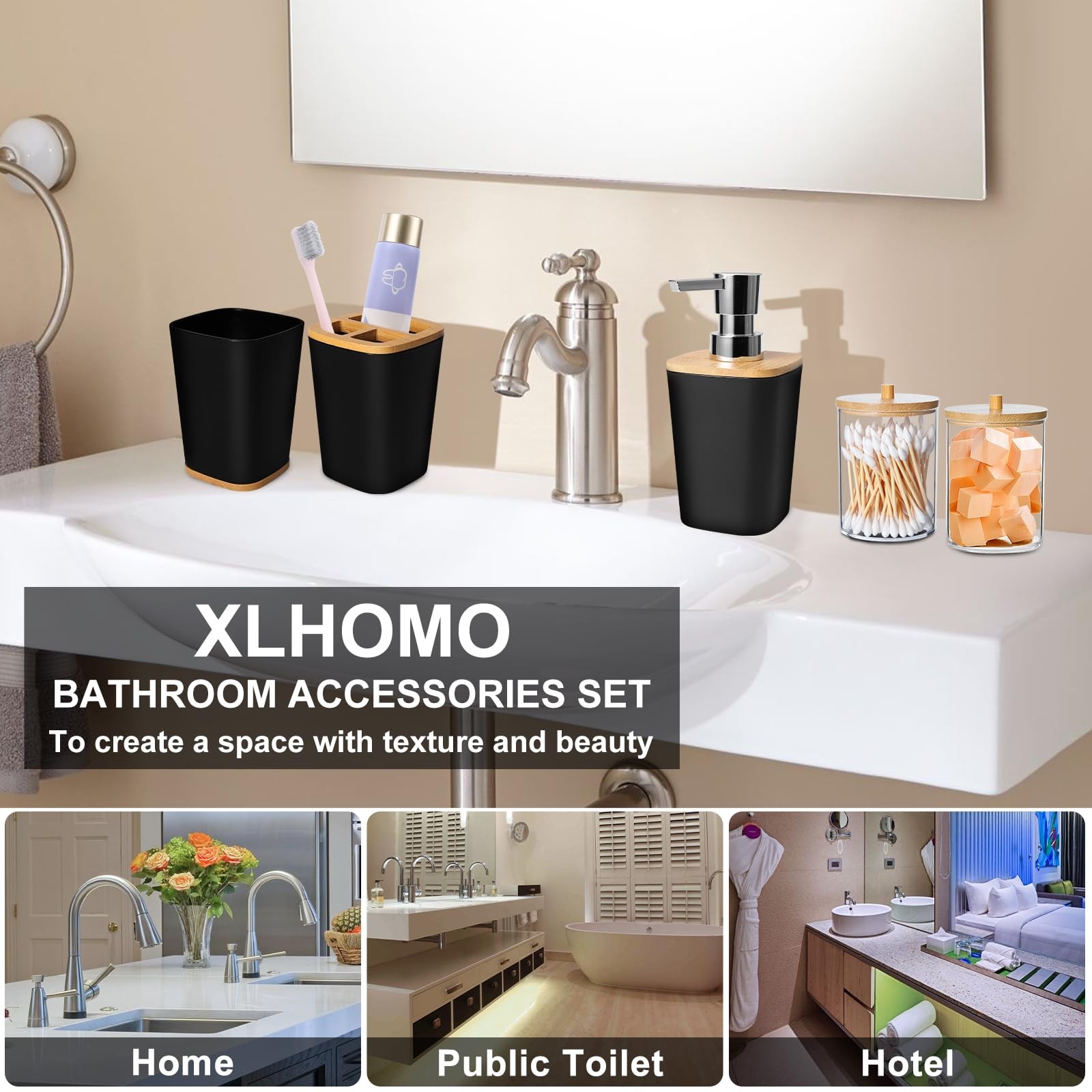 Bathroom Set Black Bathroom Trash Can, 9 Piece Bathroom Decor Toothbrush Hold...