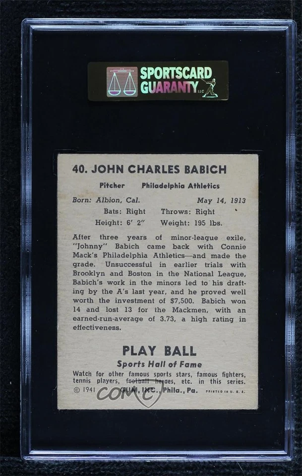 1941 Play Ball Johnny Babich (© 1941 on Back) #40 SGC 60 Rookie RC - Image 2 of 2