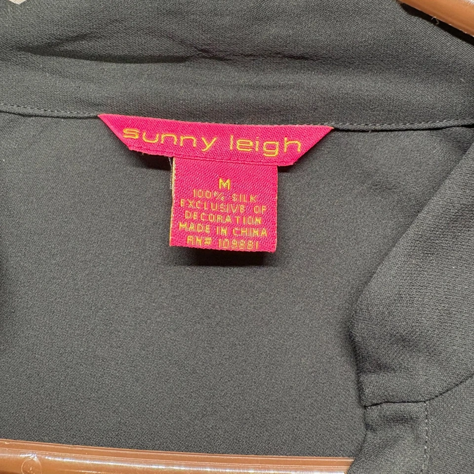 Top de seda Y2K Sunny Leigh para mujer M negro manga campana bordado floral hada Foto 4 de 4