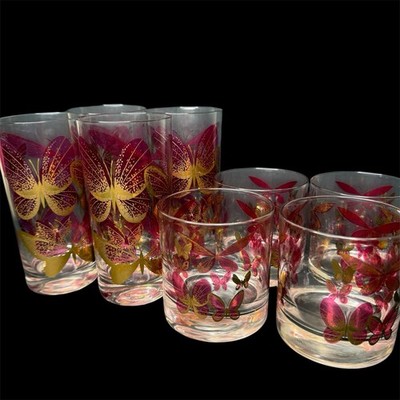 Fred Press Butterfly Glasses Cranberry Pink Gold Highball Rocks Set 8 MCM Rare