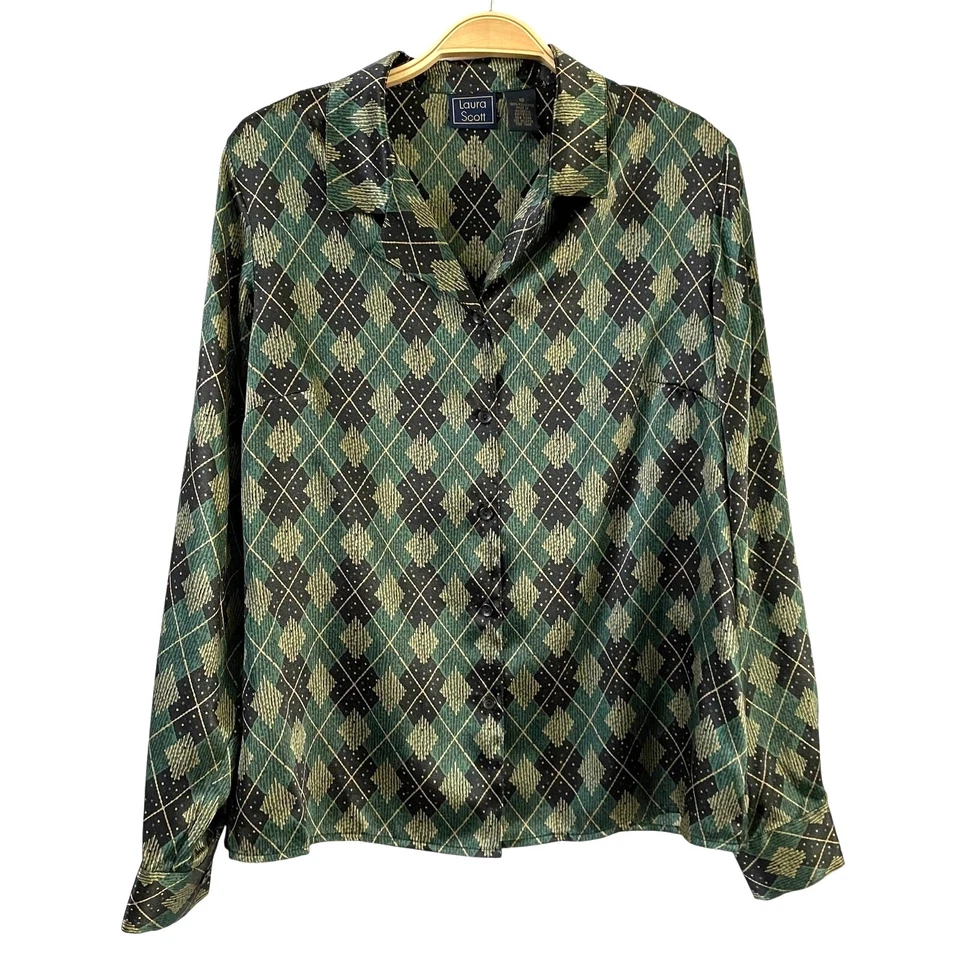 De Colección Blusa Laura Scott & Jayne Abotonada Mujer 12 Lote de 2 Dorado Verde Dinero Antiguo Foto 3 de 4