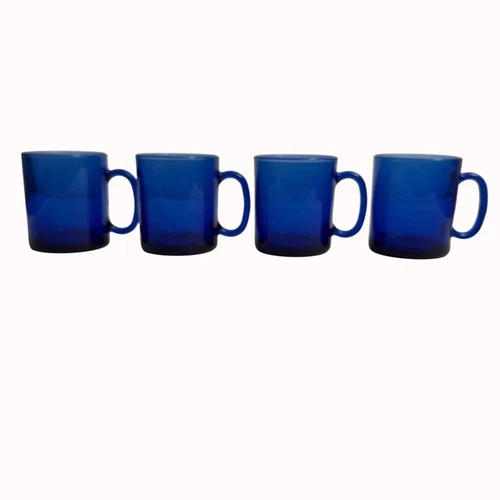 Cobalt Blue Glass Coffee Mugs Set of 4 Made In France VTG Retro Kitchenware