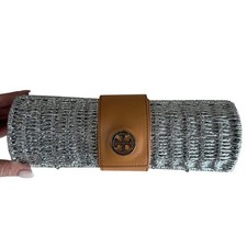 Tory Burch Silver Rattan Woven Clutch Purse Gold Leather TB Logo Boho Chic, EUC