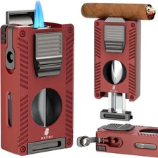 Double Jet Torch Lighter with Cigar V Cutter & Punch, Refillable Butane (Red)