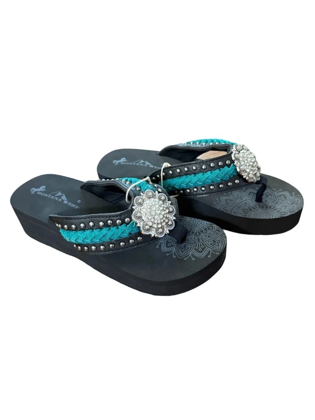 Montana West Black Flip Flops Turquoise Braid Silver Studs Rhinestone Concho NIB
Opens in a new wind