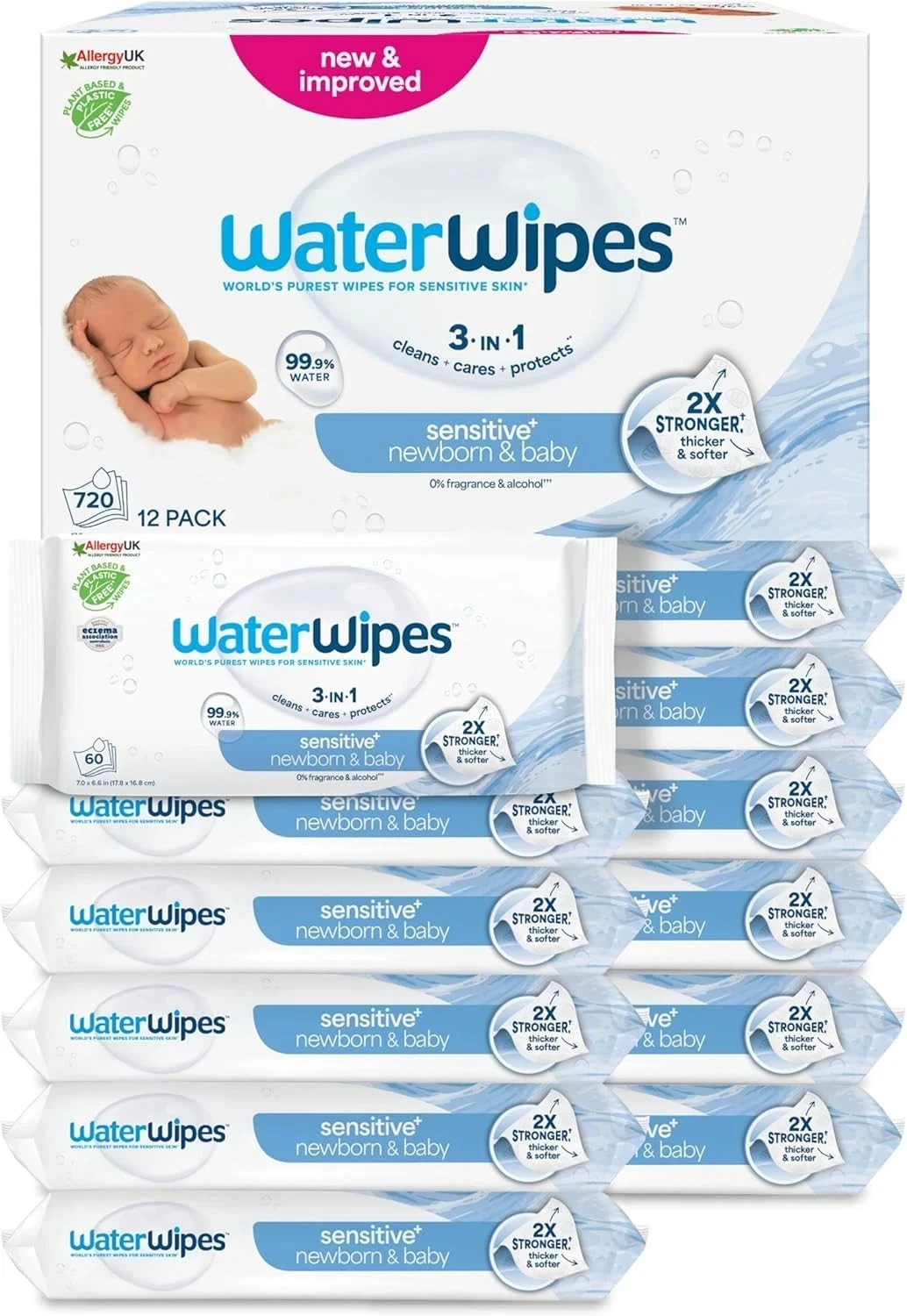 WaterWipes Sensitive+ Newborn & Baby Wipes, 720 Count (12 Packs), 3-In-1 Cleans,