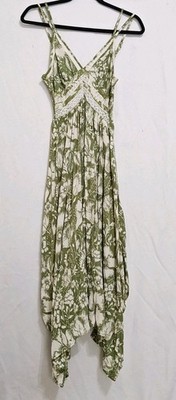 Angie Fit & Flare Maxi Sundress Womens Floral Green Large Boho Lightweight 