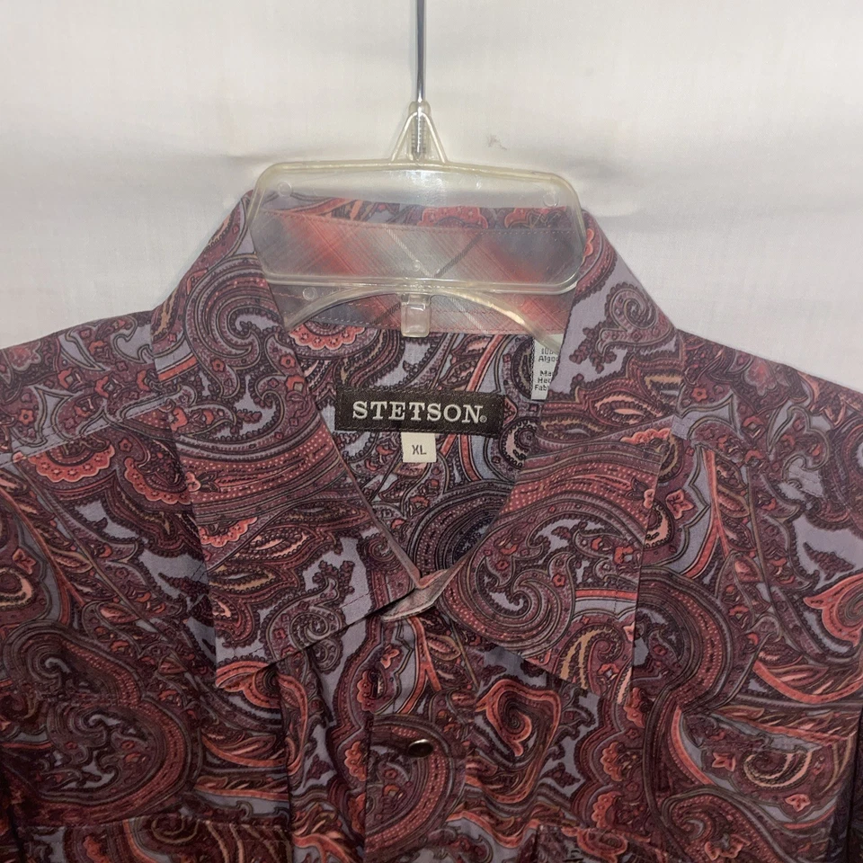 Stetson Men’s Western Shirt Size XL Red Paisley Pearl Snap Cowboy Rodeo  - Image 3 of 4