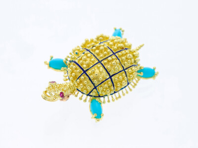 Great price brooch 1.00 ct. Turquoise Rubies 750 Gold 18K Deta Jewelry