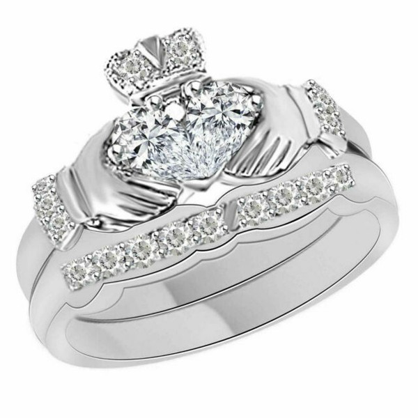 14k White Gold Claddagh Genuine Diamond Engagement Ring & Wedding Band