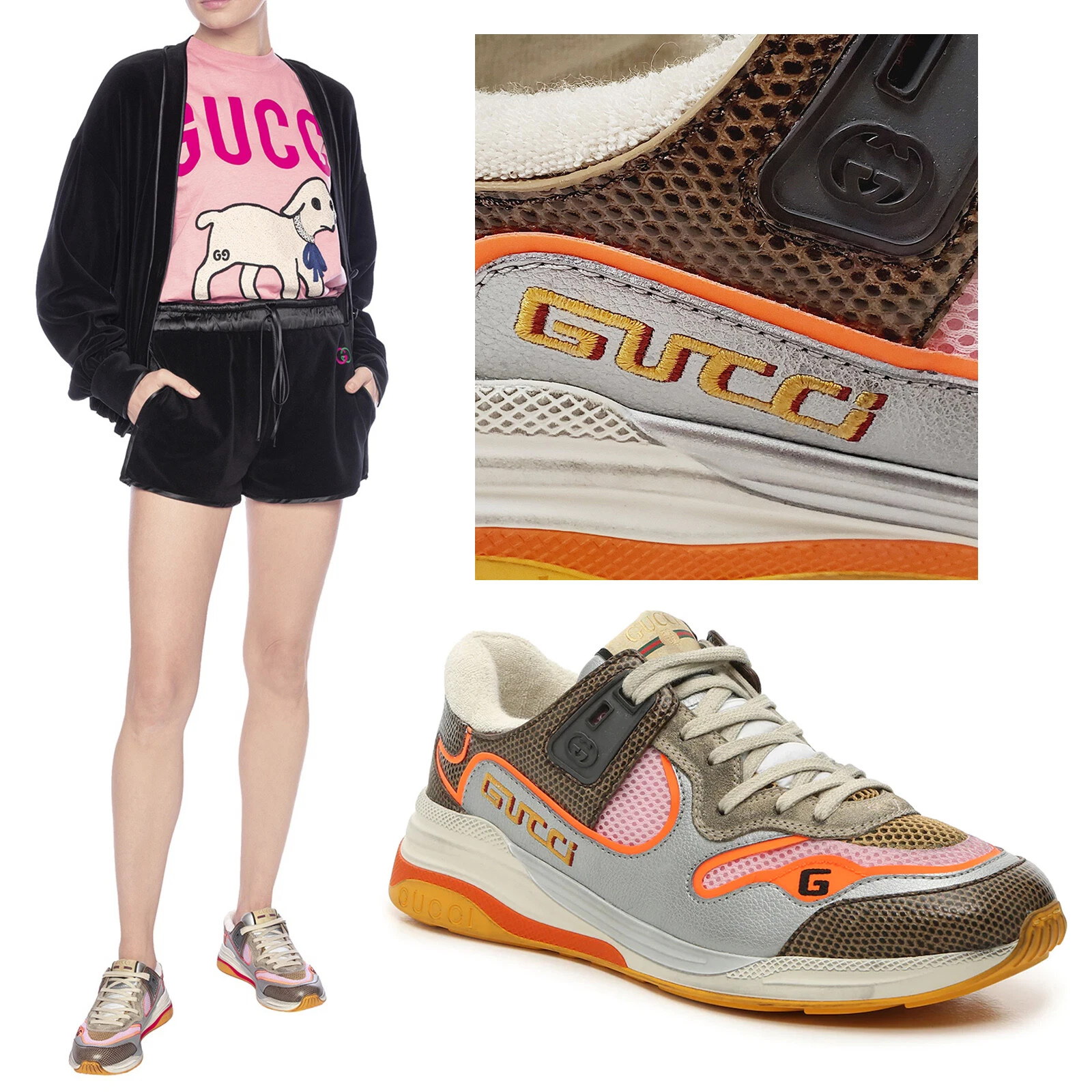 BASKETS GUCCI CHAUSSURES EN CUIR LÉZARD ULTRA ESPACE avec LOGO taille 36,5G 6,5 US