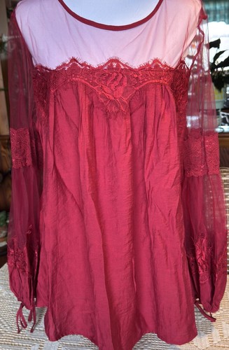Red Romantic Sheer Yoke Ties Lace Women’s Sz 2X Blouse Top Holidays - Picture 2 of 8